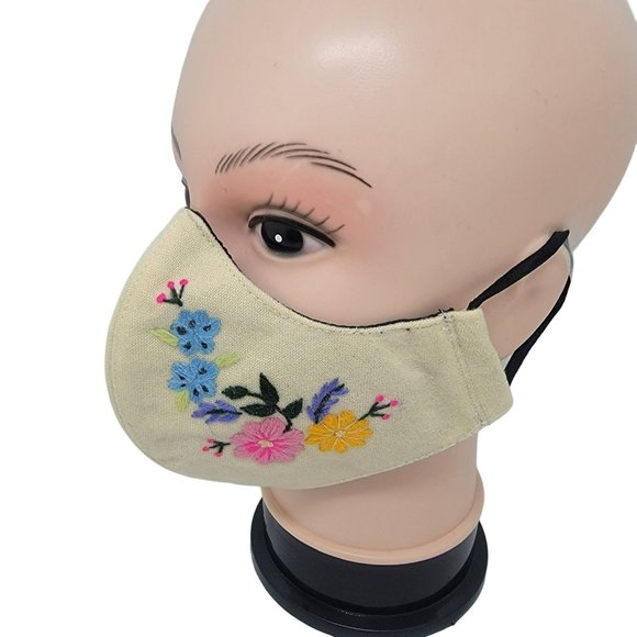 New Face cover ear loop Cream Mask Women's Embroidered handmade garden flowers - Picture 1 of 6